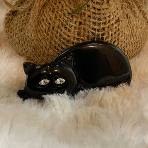 Black Cat Brooch with Rhinestone eyes